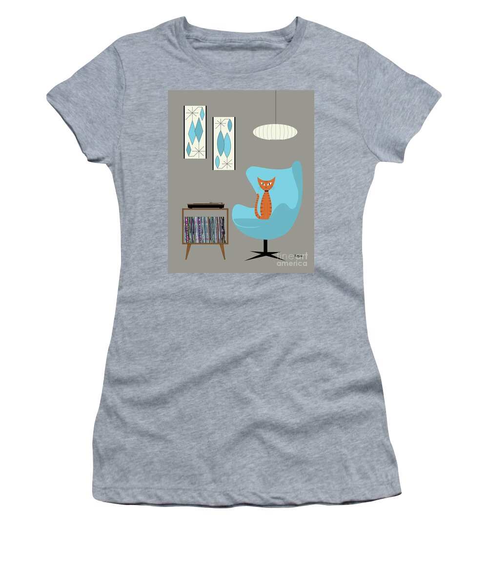 Modern Women's T-Shirt featuring the digital art Orange Cat in Turquoise Egg Chair by Donna Mibus