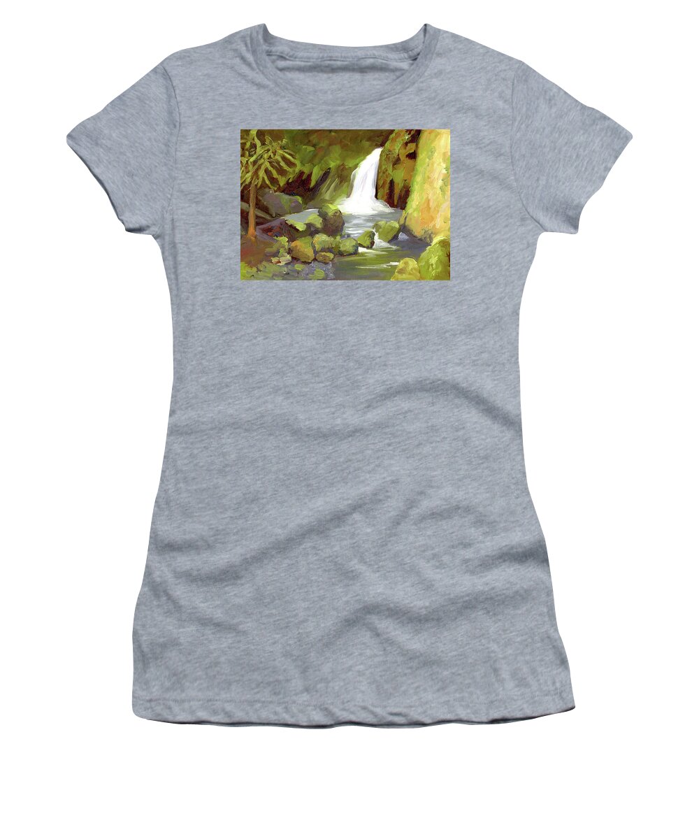 Landscape Women's T-Shirt featuring the painting Oregon Waterfall by Alice Leggett