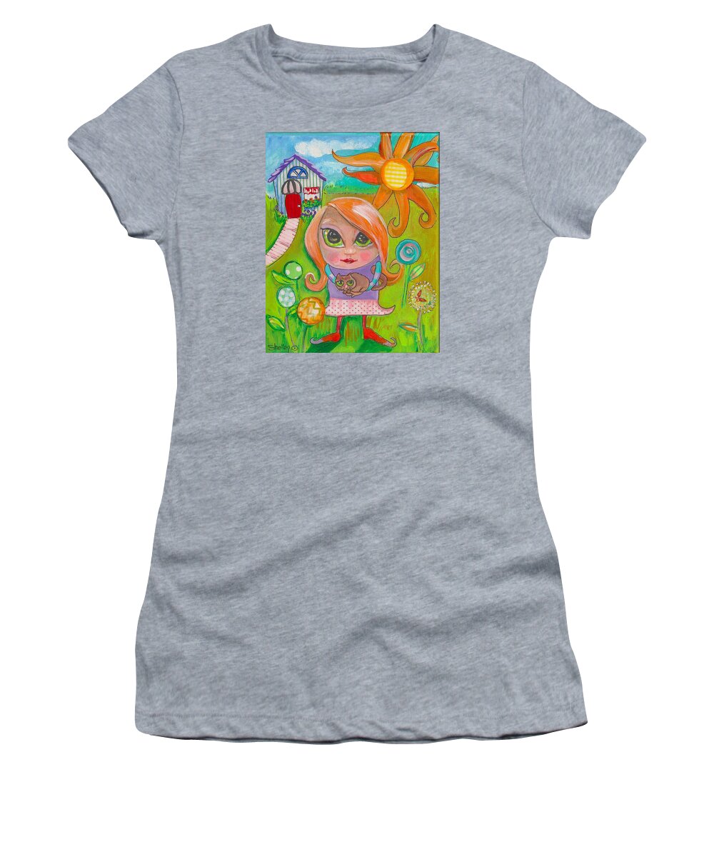 Acrylic Women's T-Shirt featuring the painting Original Art Girl and The Cat -with flowers by Shelley Overton