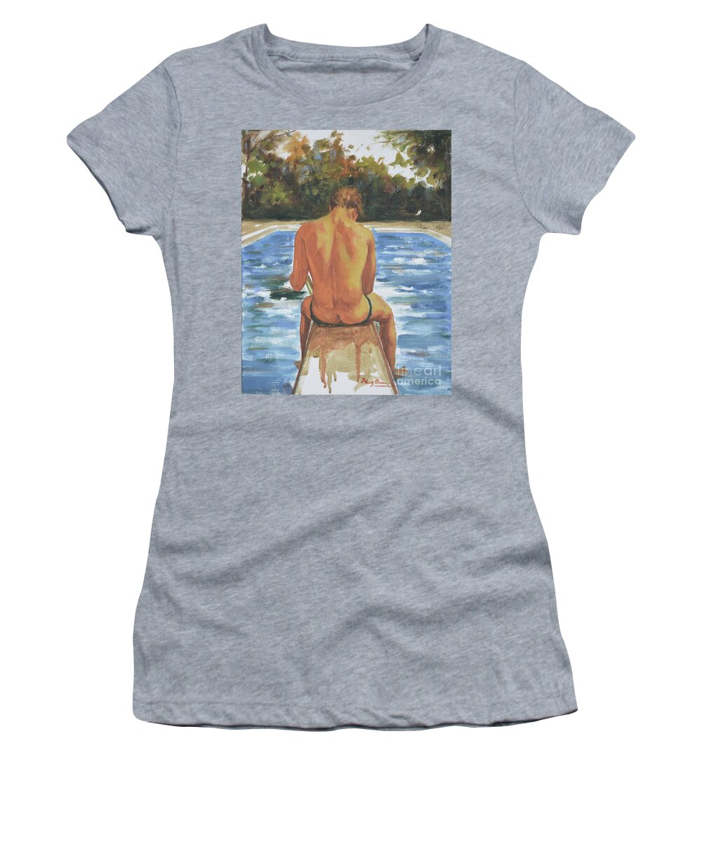 Original Art Women's T-Shirt featuring the painting Original Art Oil Painting Male Nude Man By The Pool On Canvas Panle#16-1-25-06 by Hongtao Huang
