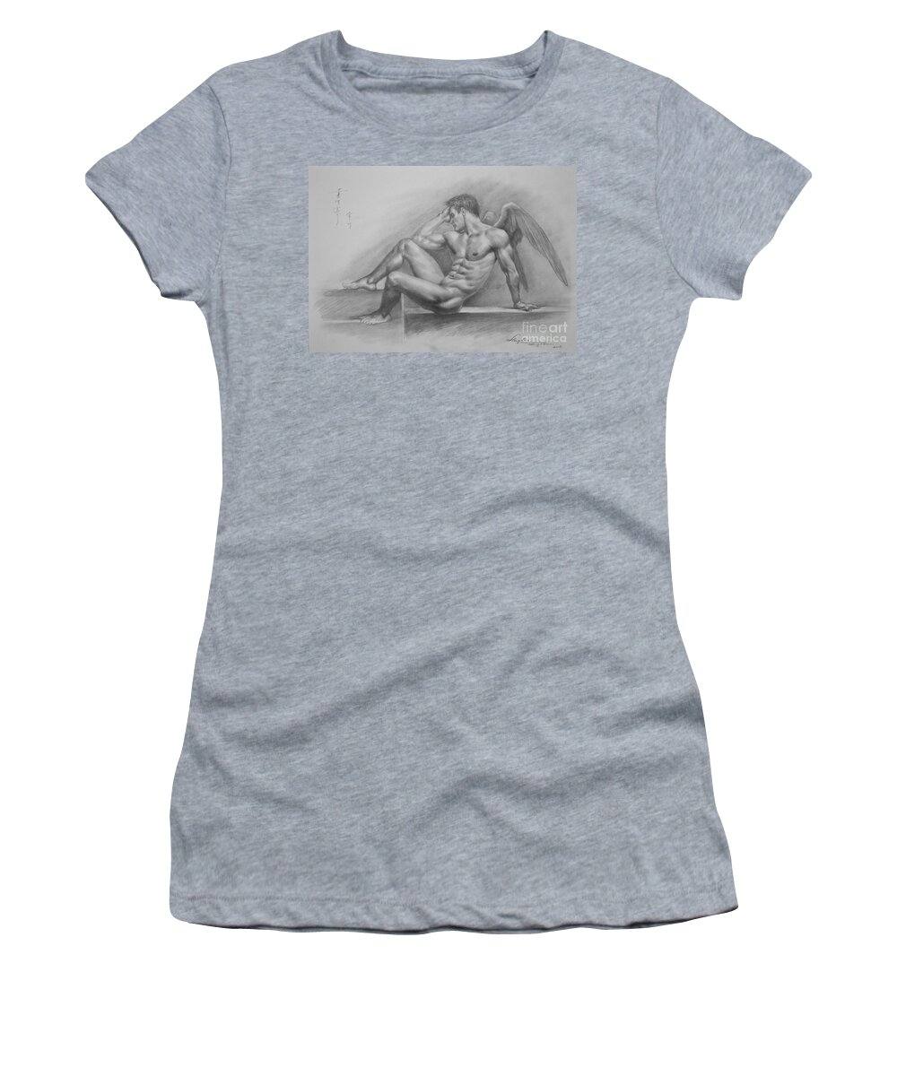 On Paper Women's T-Shirt featuring the painting Original Charcoal Drawing Art Angel Of Male Nude On Paper #16-3-11-18 by Hongtao Huang
