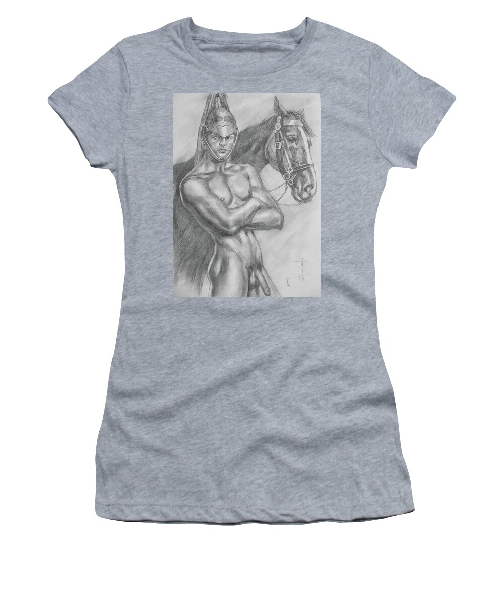 Drawing Women's T-Shirt featuring the drawing Original drawing pencil male nude and horse#17317 by Hongtao Huang