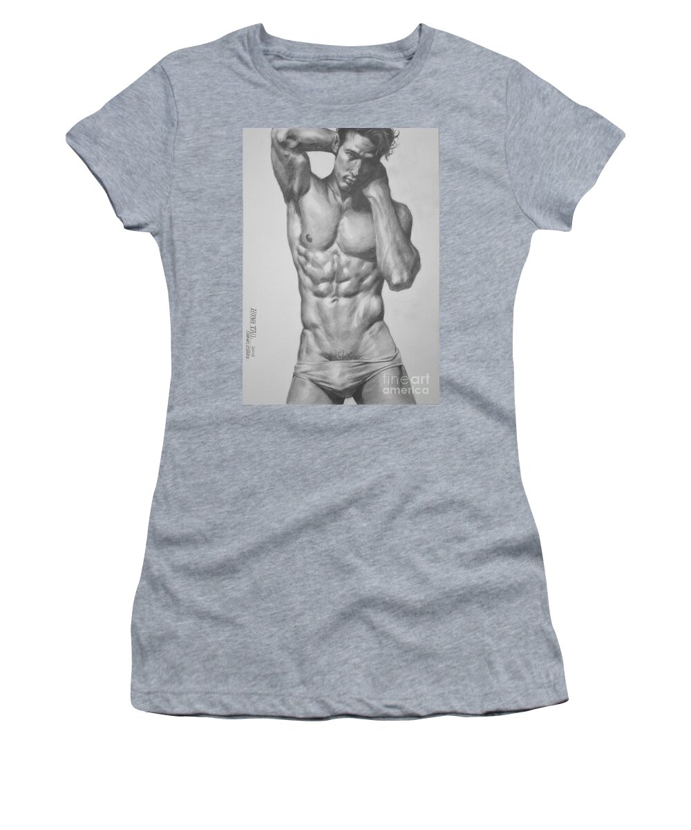 Original Art Women's T-Shirt featuring the painting Original Drawing Sketch Charcoal Male Nude Gay Interest Man Art Pencil On Paper -0043 by Hongtao Huang