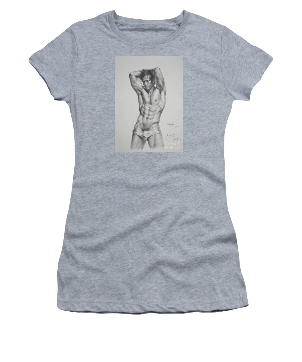 Original Art Women's T-Shirt featuring the drawing Original Drawing Sketch Charcoal Male Nude Gay Interest Man Body Art Pencil On Paper -0056 by Hongtao Huang