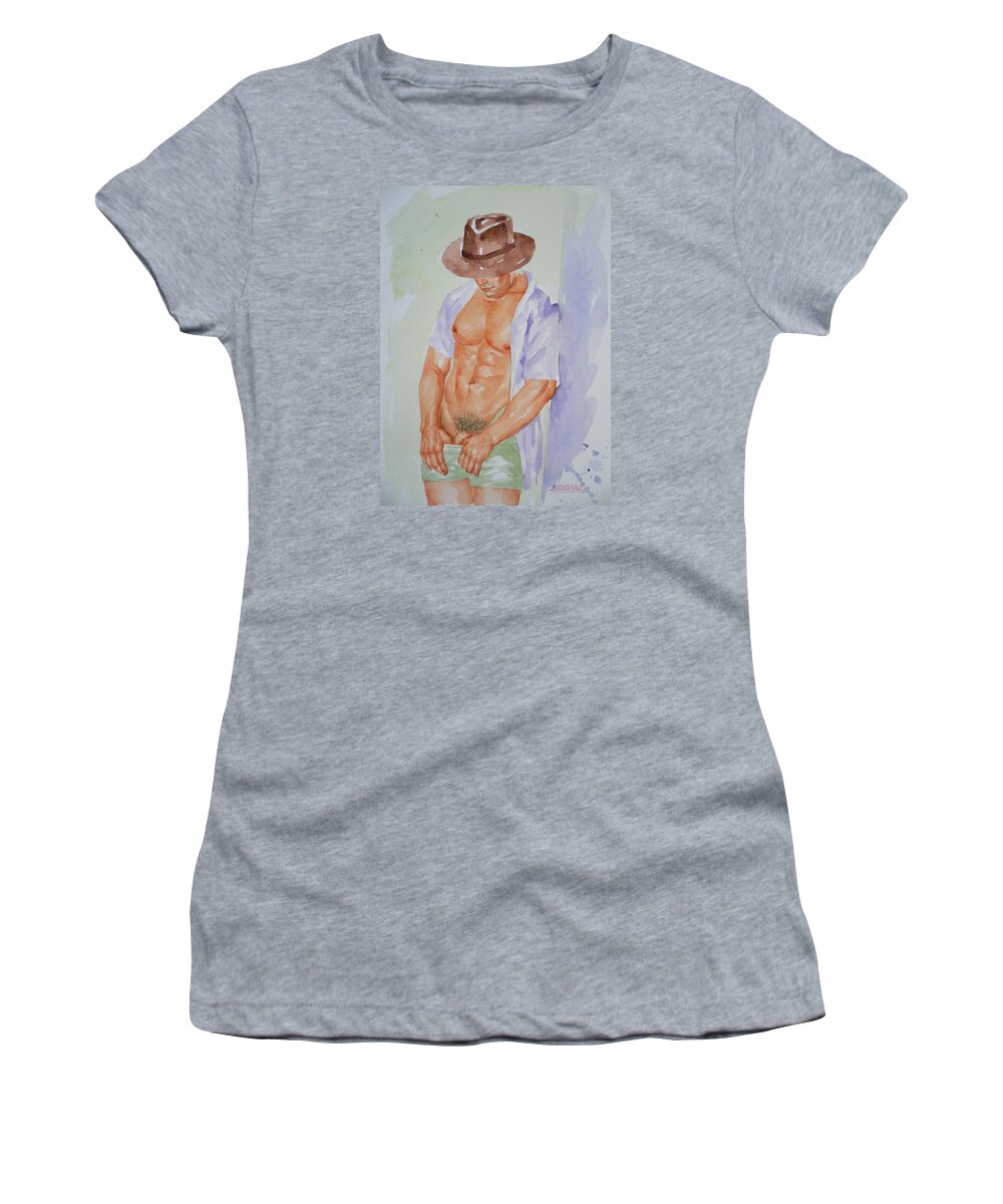 Original Art Women's T-Shirt featuring the painting Original Watercolor Painting Art Male Nude Men Gay Interest On Paper #12-14-02 by Hongtao Huang