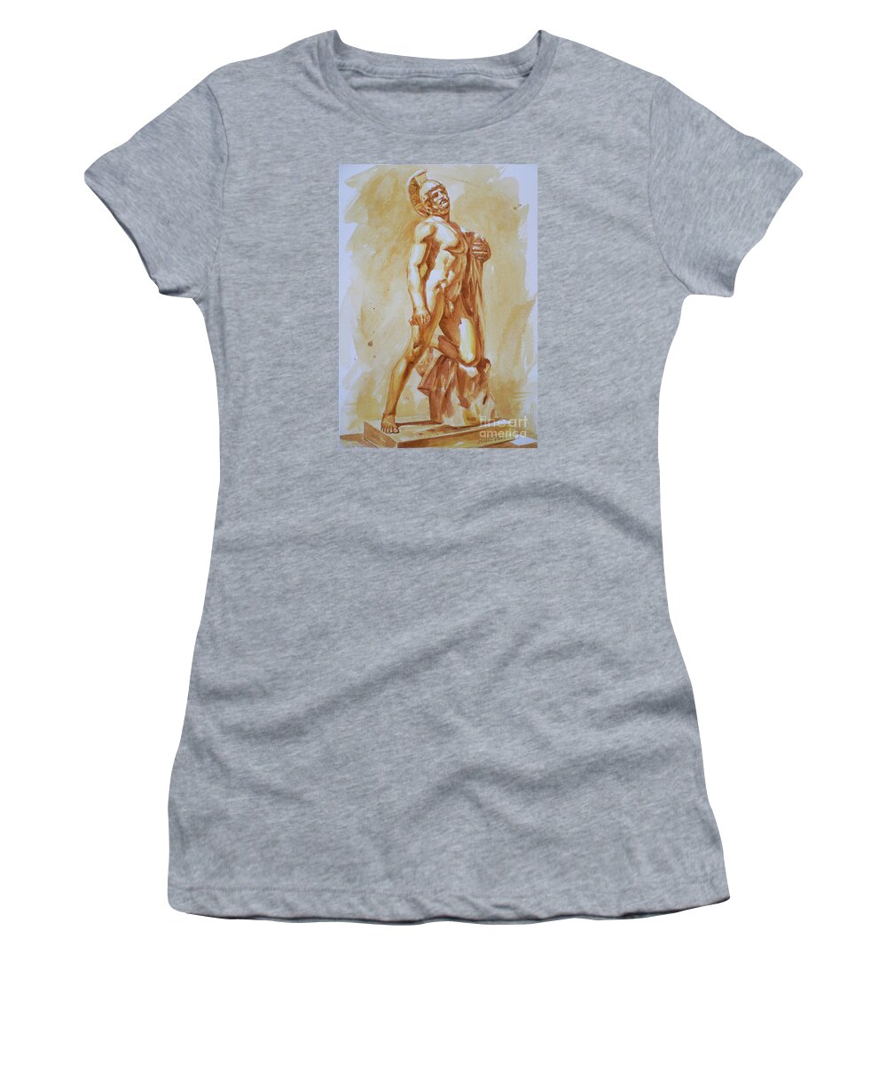 Original Art Women's T-Shirt featuring the painting Original Watercolor Painting Art Male Nude Men Sculpture On Paper #12-25-01 by Hongtao Huang