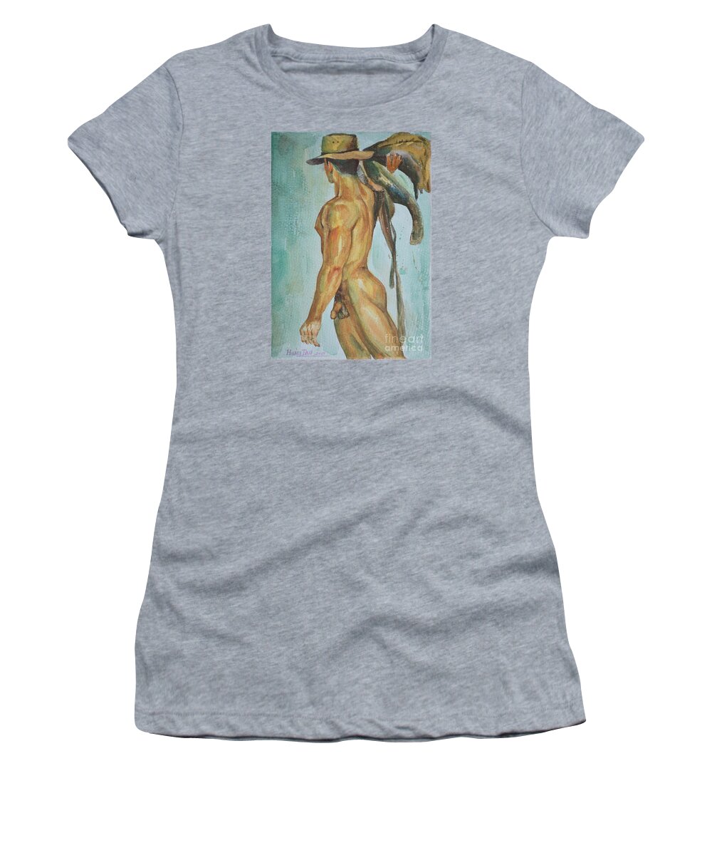 Original Art Women's T-Shirt featuring the painting Original Watercolor Painting Man Body Art Male Nude Cowboy On Paper -065 by Hongtao Huang