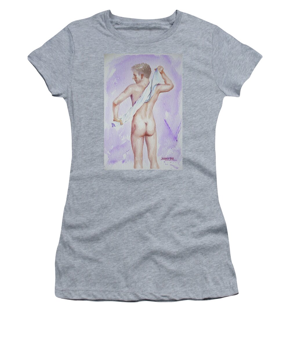 Original Art Women's T-Shirt featuring the painting Original Watercolour Male Nude Bather On Paper#16-10-6-01 by Hongtao Huang