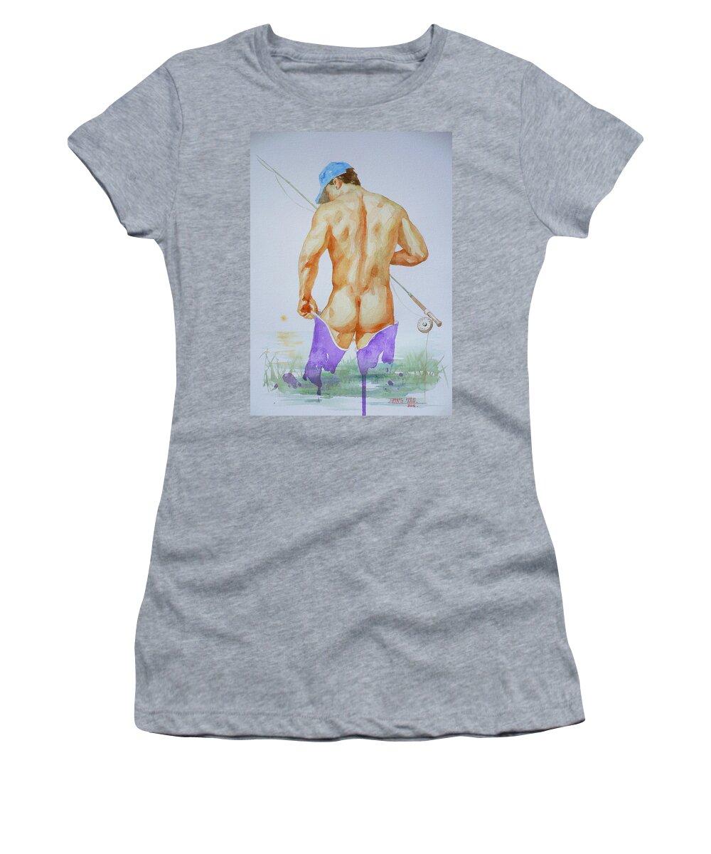 Watercolour Painting Women's T-Shirt featuring the painting Original Watercolour Painting Art Male Nude#20202089 by Hongtao Huang