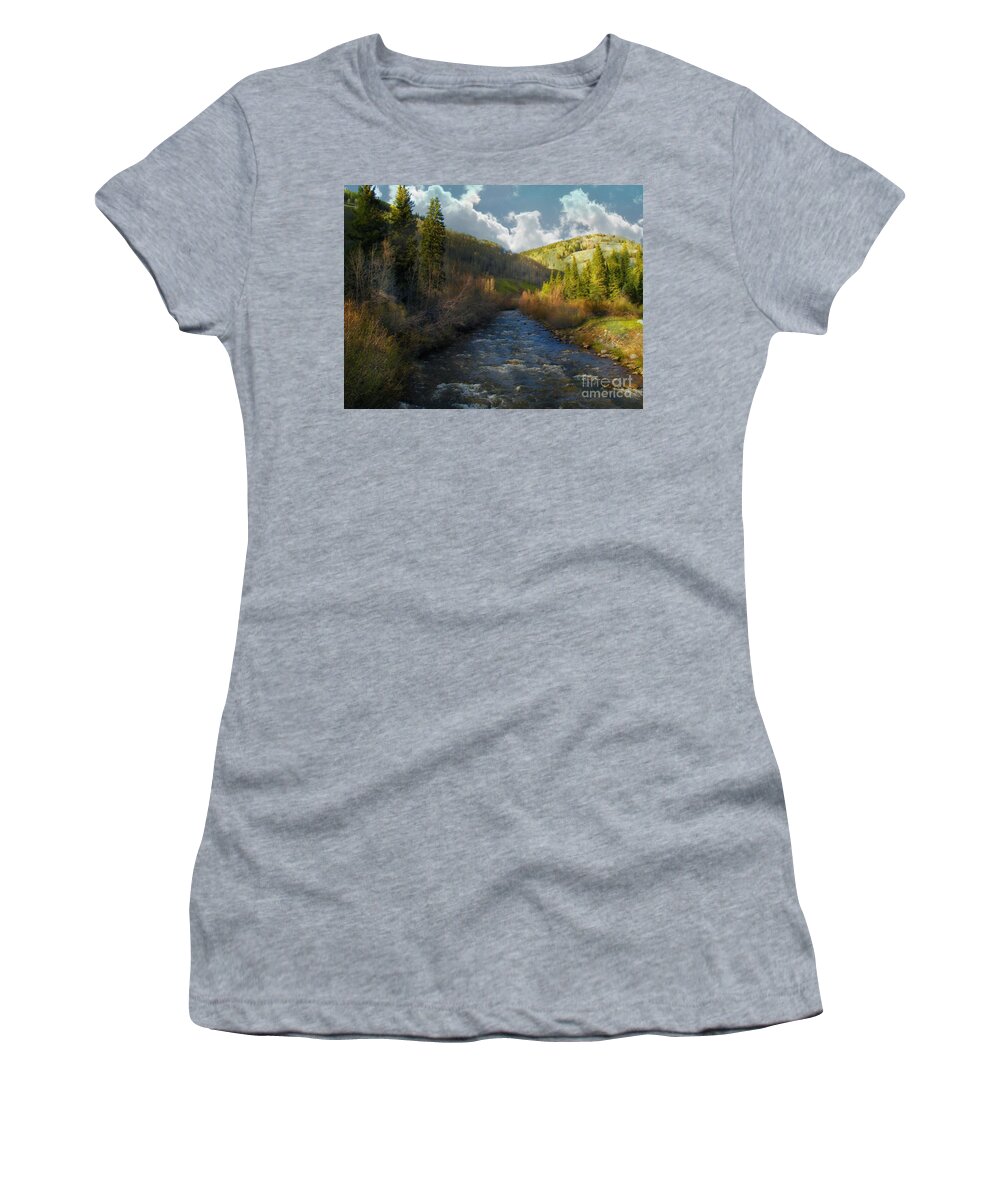 Origins Of Delores River San Juan Mountains Colorado Women's T-Shirt featuring the digital art Origins of Delores River by Annie Gibbons