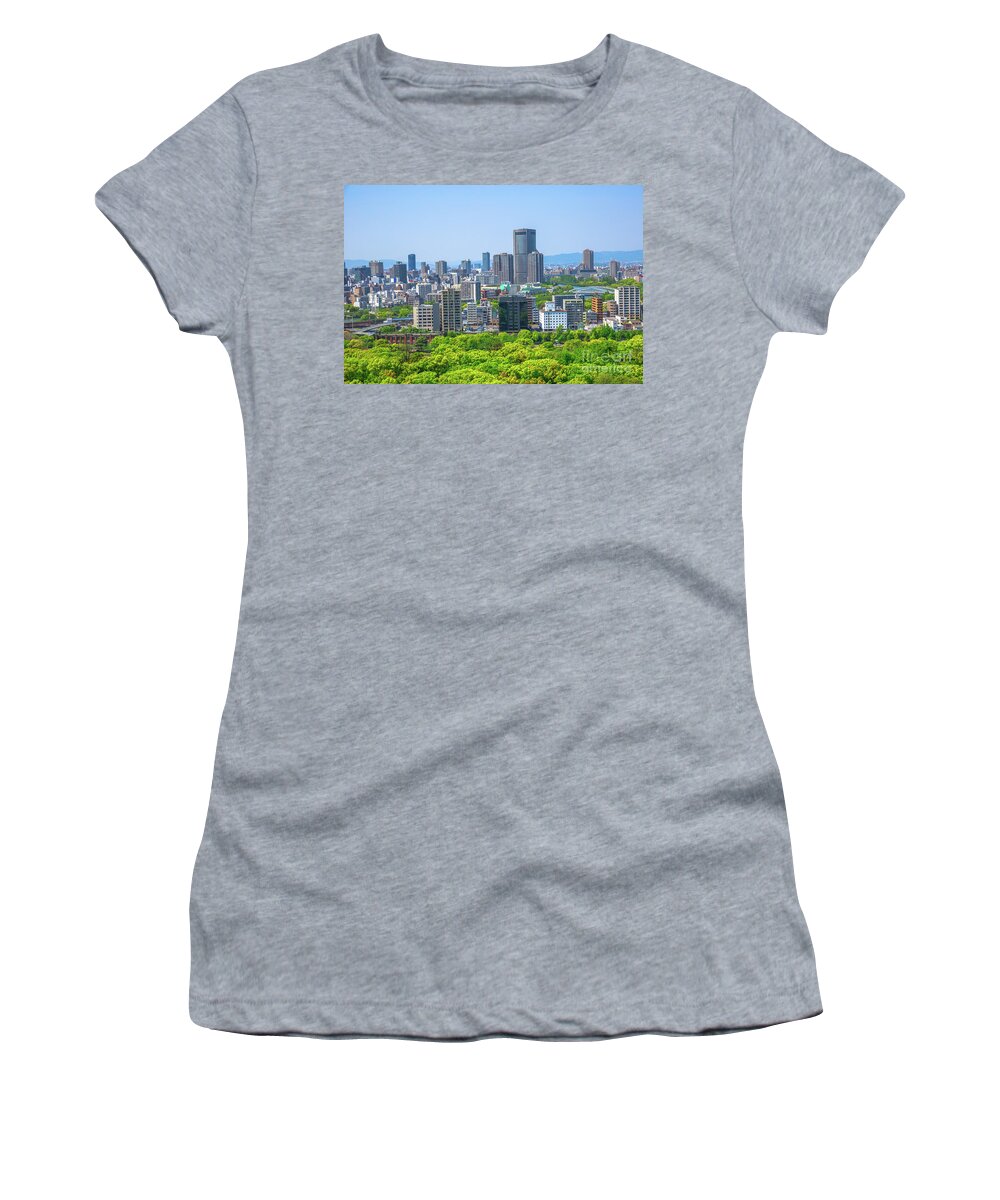 Osaka Skyline Women's T-Shirt featuring the photograph Osaka business district aerial by Benny Marty