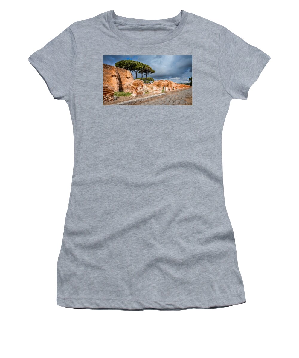 Ostia Antica - Strolling The Decuman Women's T-Shirt featuring the photograph Ostia Antica - Strolling the Decuman by Debra Martz