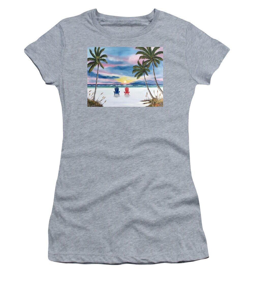 Adirondack Chairs Women's T-Shirt featuring the painting Our Spot At Sunset by Lloyd Dobson