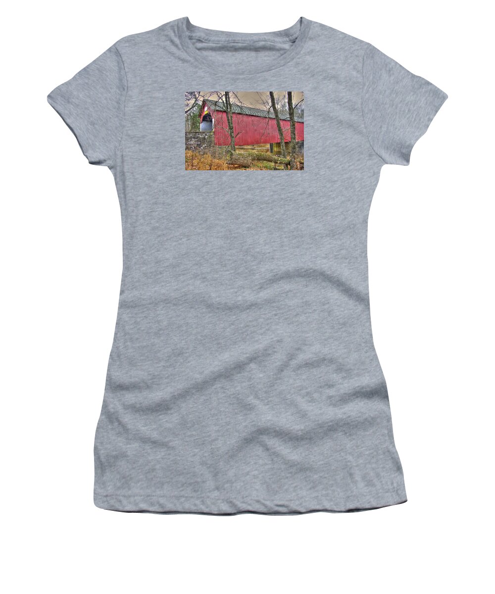 Frankenfield Covered Bridge Women's T-Shirt featuring the photograph PA Country Roads - Frankenfield Covered Bridge Over Tinicum Creek No. 8 - Autumn Bucks County by Michael Mazaika
