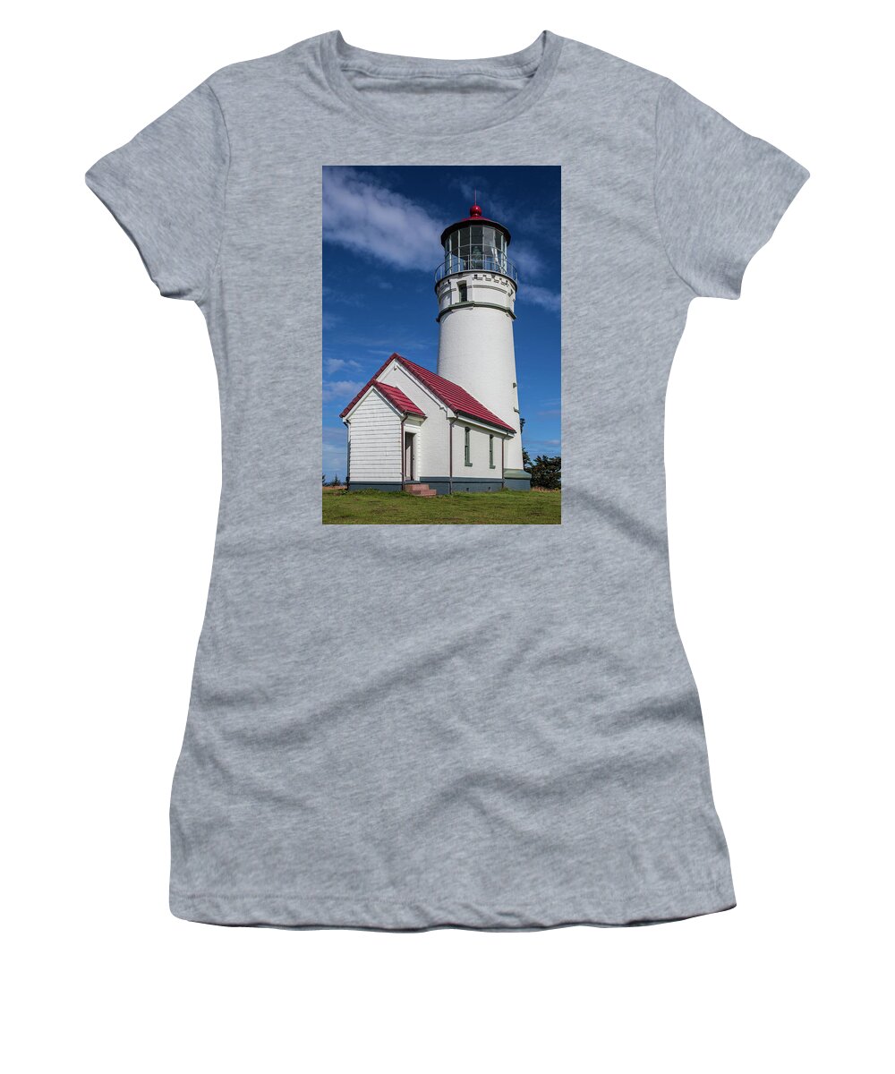 Clouds Women's T-Shirt featuring the photograph Pacific Coastal Lighthouse by Debra and Dave Vanderlaan