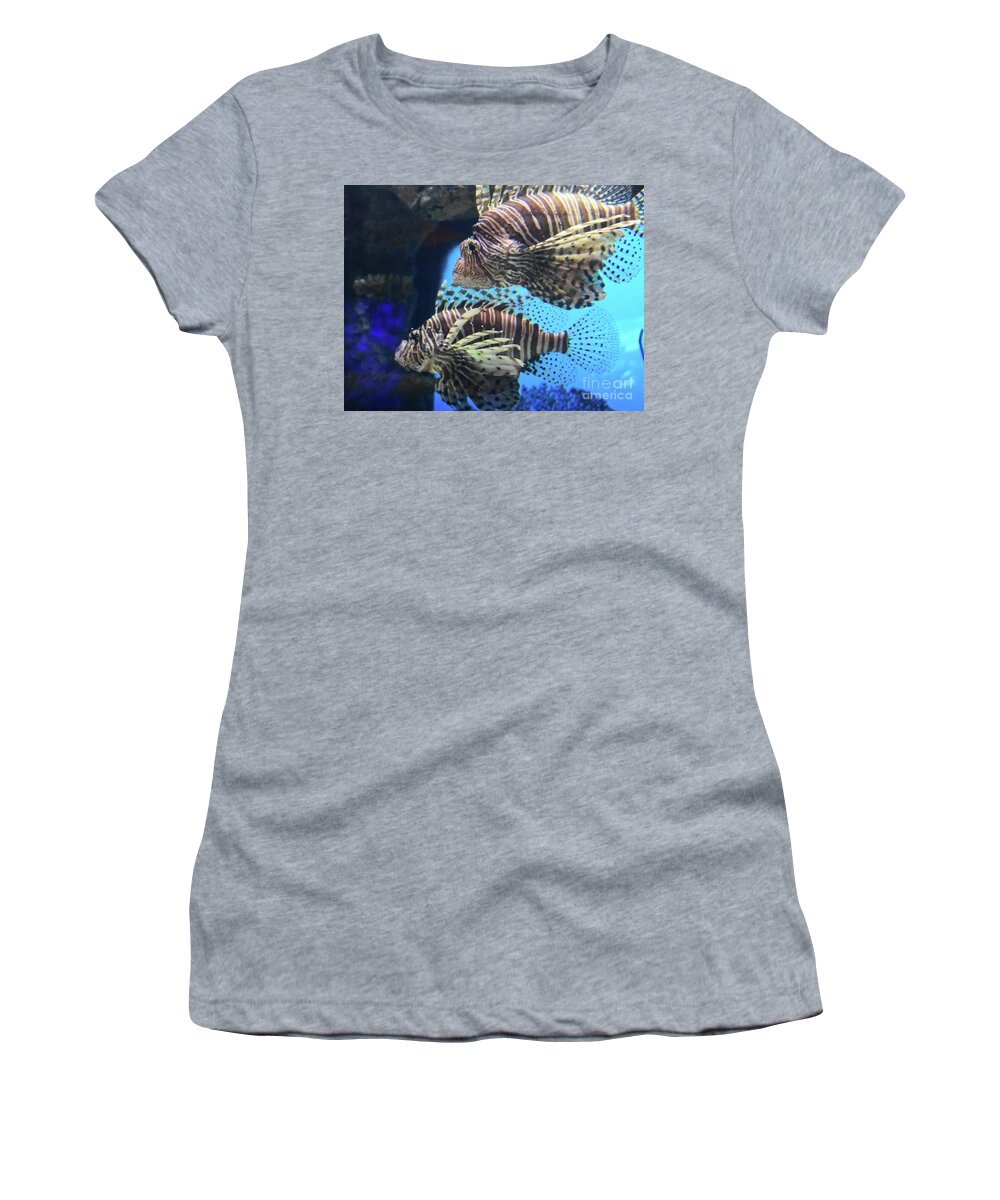 Beautiful Pair Of Swimming Lion Fish. Women's T-Shirt featuring the photograph Pair of Lion Fish by DejaVu Designs