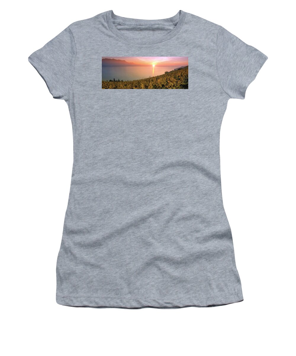 Vineyard Women's T-Shirt featuring the photograph Panorama on Lavaux region, Vaud, Switzerland by Elenarts - Elena Duvernay photo