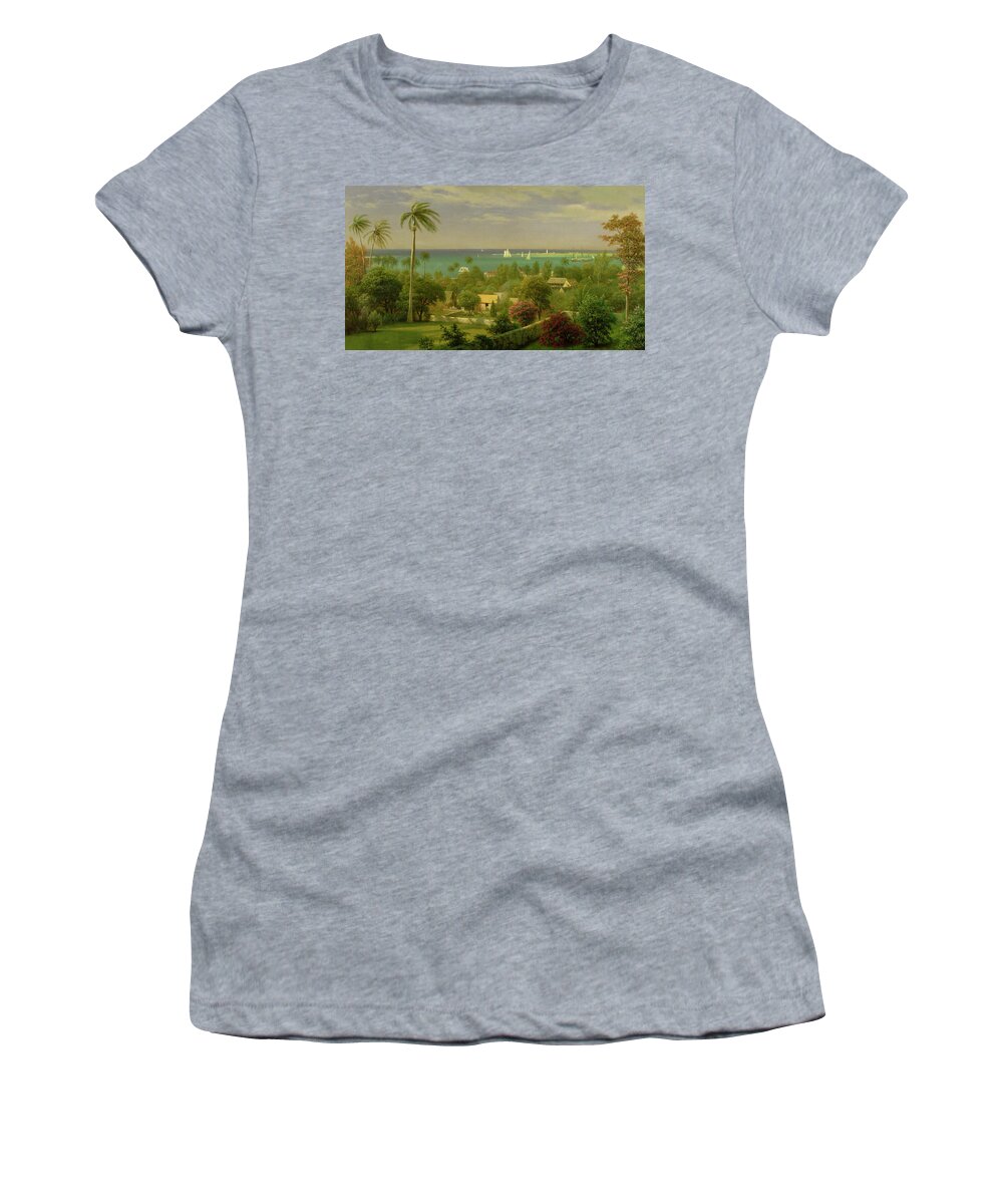 Panoramic View Of The Harbour At Nassau In The Bahamas Women's T-Shirt featuring the painting Panoramic View of the Harbour at Nassau in the Bahamas by Albert Bierstadt