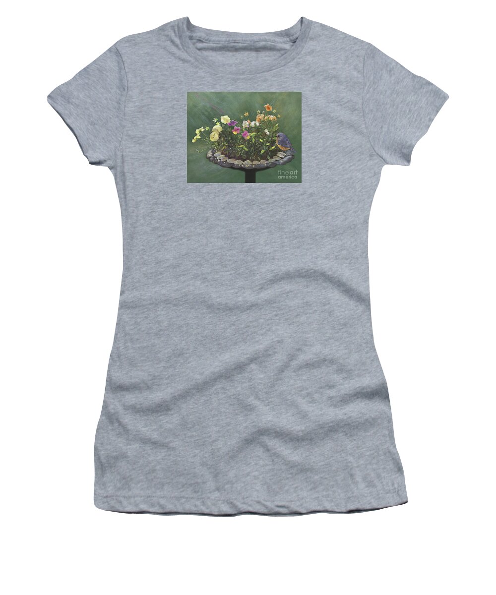 Bluebird Women's T-Shirt featuring the painting Pansies and Bluebird by Nancy Lee Moran