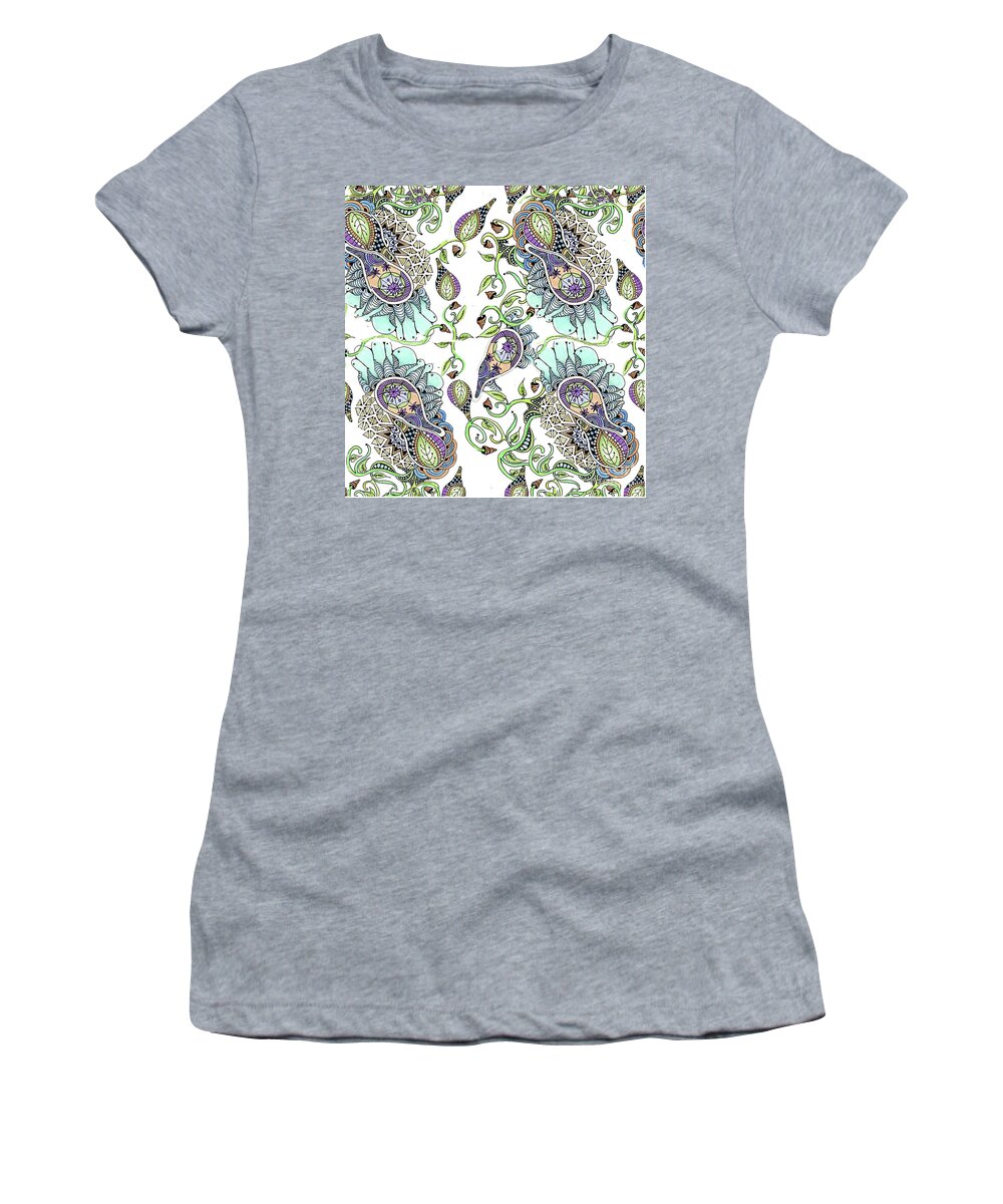 Fabric Patterns Pen And Ink Leaves Zentangles Doodles Purple And Blue Women's T-Shirt featuring the tapestry - textile Parameecee by Ruth Dailey