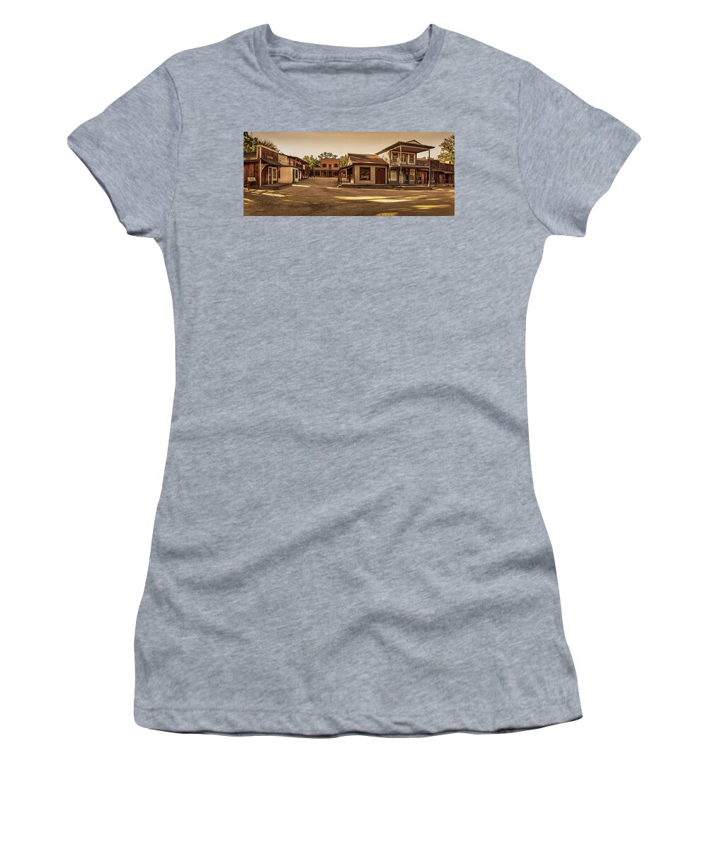 Ghost Town Women's T-Shirt featuring the photograph Paramount Ranch Main Street - Panorama by Gene Parks