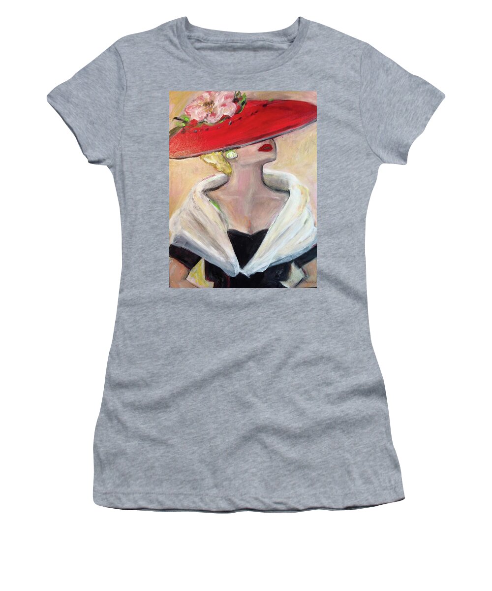 Red Hat Women's T-Shirt featuring the painting Paris Chic by Denice Palanuk Wilson