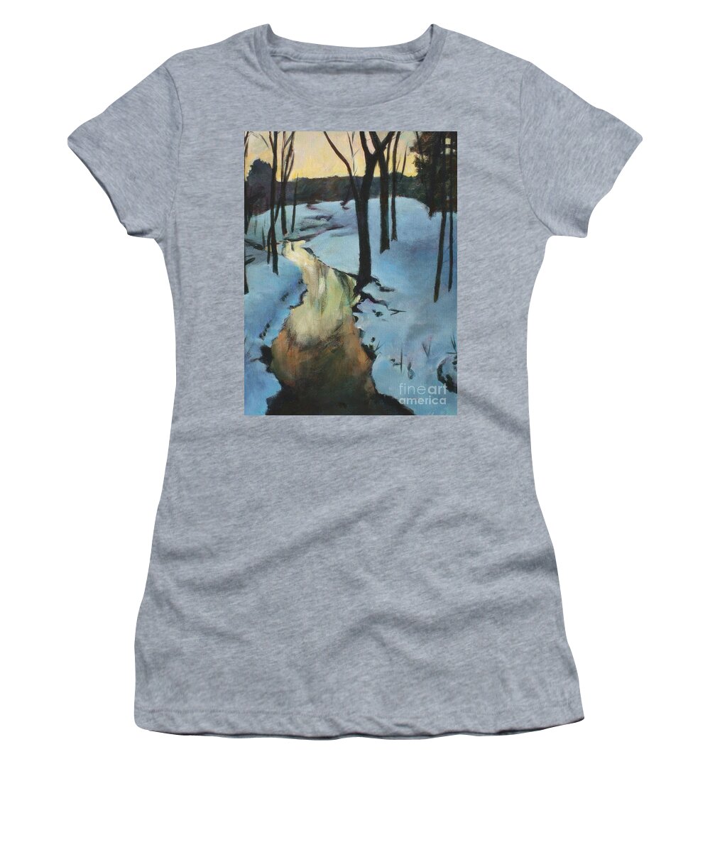 White Women's T-Shirt featuring the painting Parlee Farm Sunset Creek by Claire Gagnon