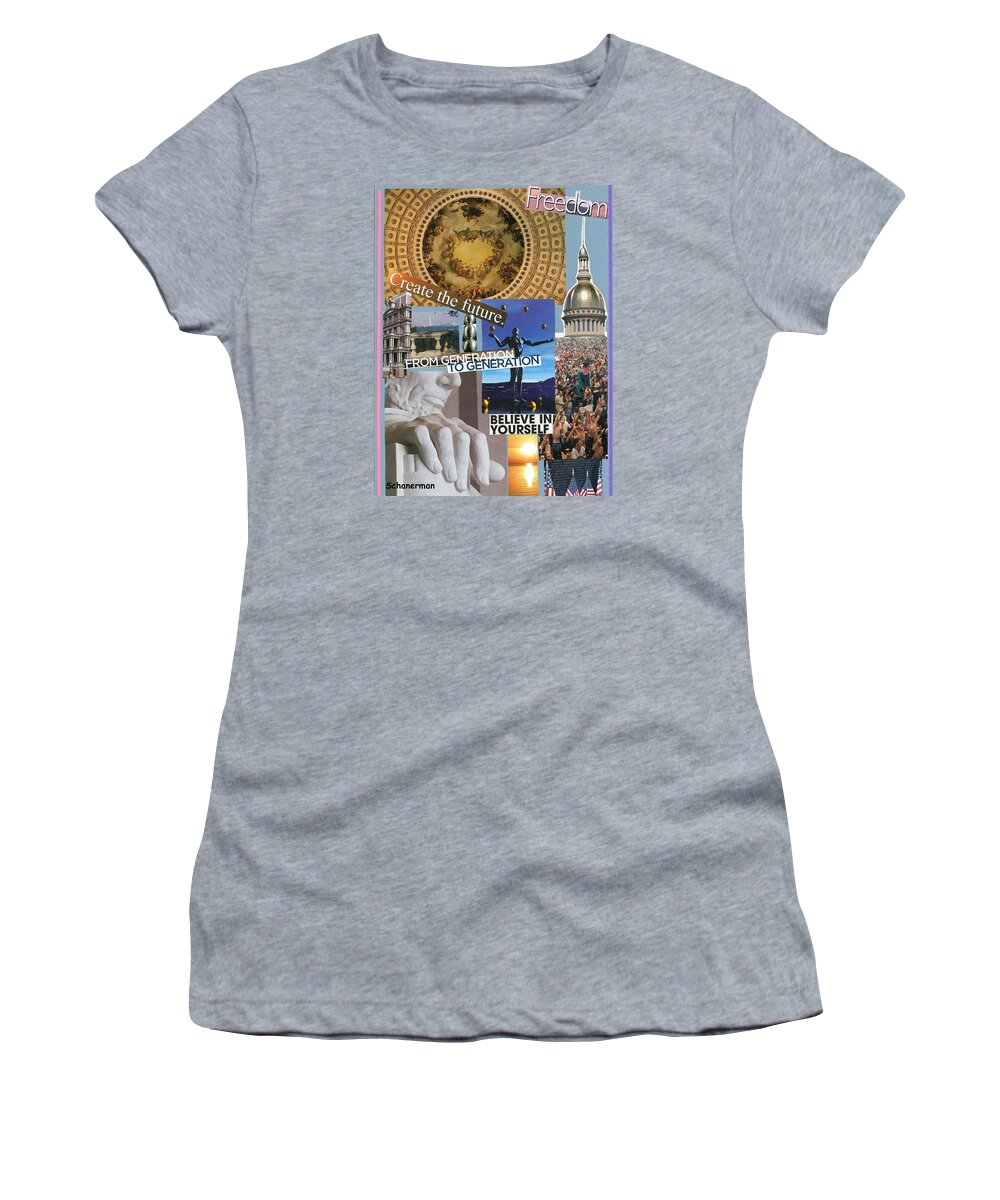 Collage Art Women's T-Shirt featuring the mixed media Past Present Future by Susan Schanerman