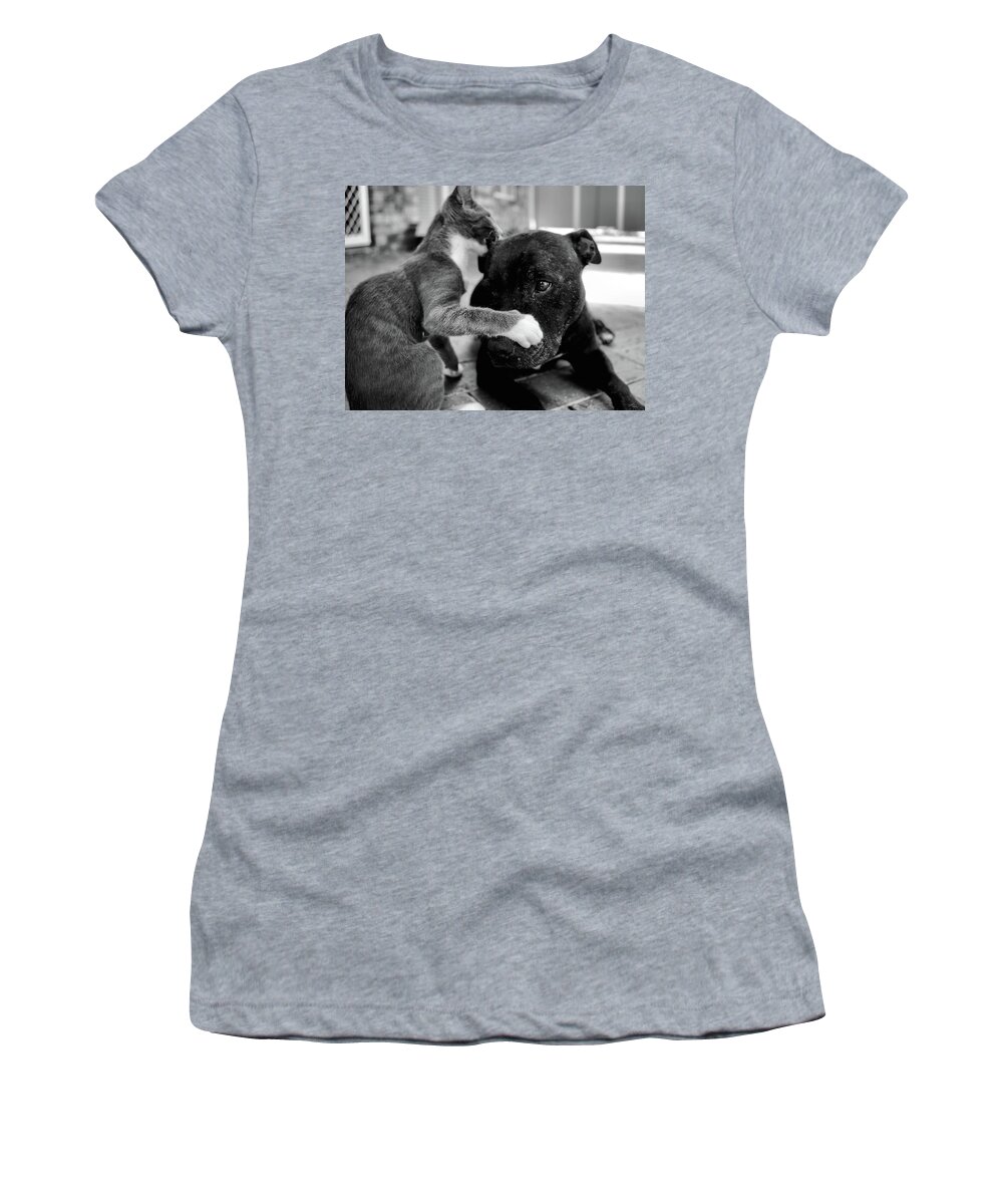 Portrait Women's T-Shirt featuring the photograph Patches and Motey play 3 BnW by Michael Blaine