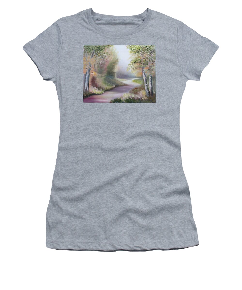 Elena Antakova Women's T-Shirt featuring the painting Path Through the Forest by Elena Antakova