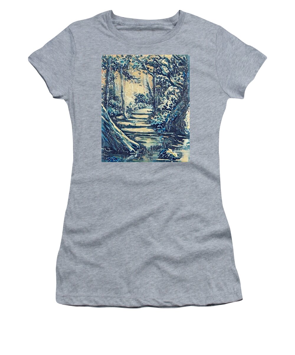 Landscapes Women's T-Shirt featuring the painting Path thru the woods by Megan Walsh