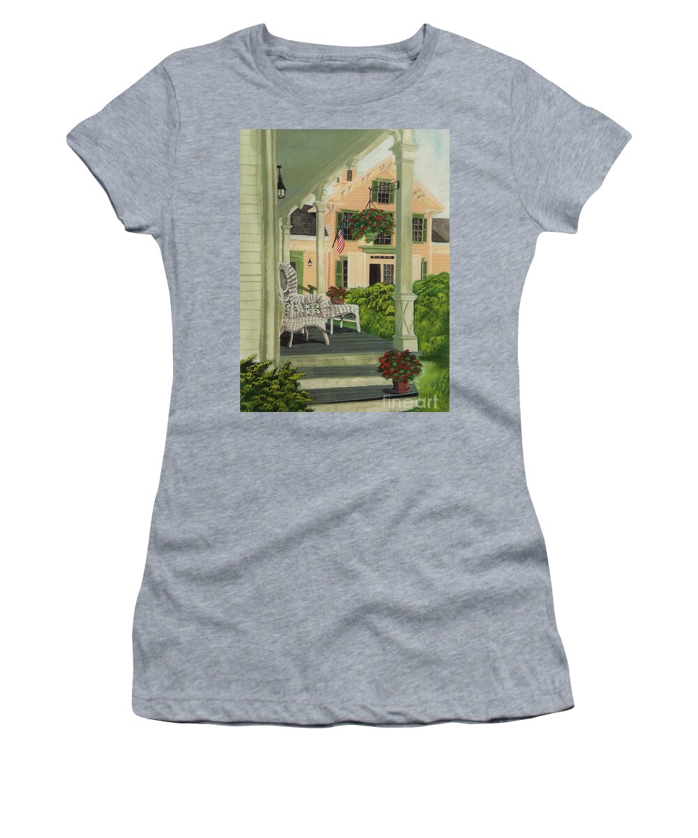 Side Porch Women's T-Shirt featuring the painting Patriotic Country Porch by Charlotte Blanchard