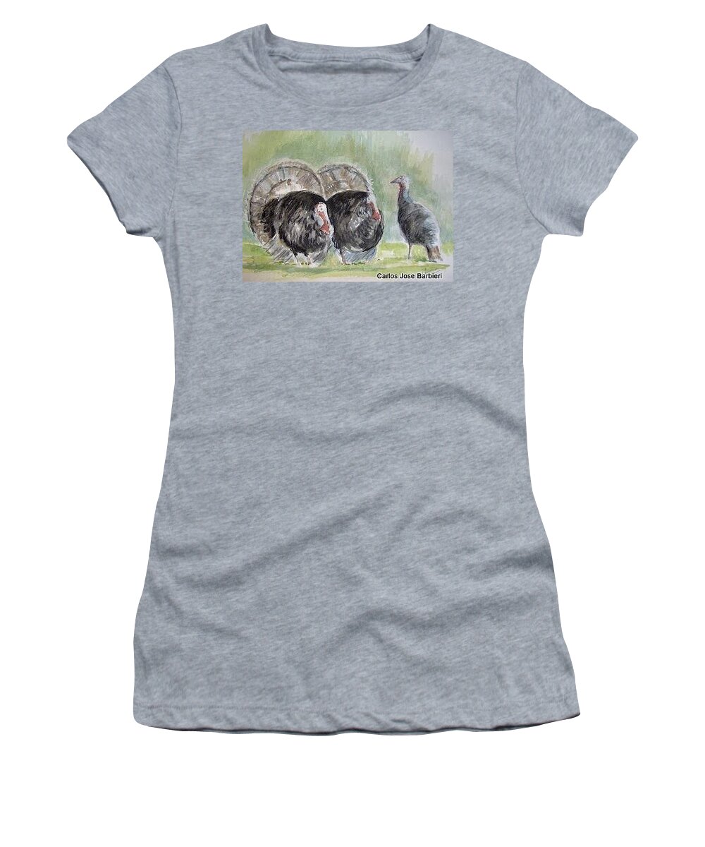 Animales Women's T-Shirt featuring the painting Pavos by Carlos Jose Barbieri