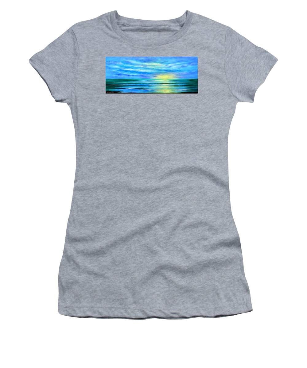 Sunset Women's T-Shirt featuring the painting Peacefully Blue - Panoramic Sunset by Gina De Gorna
