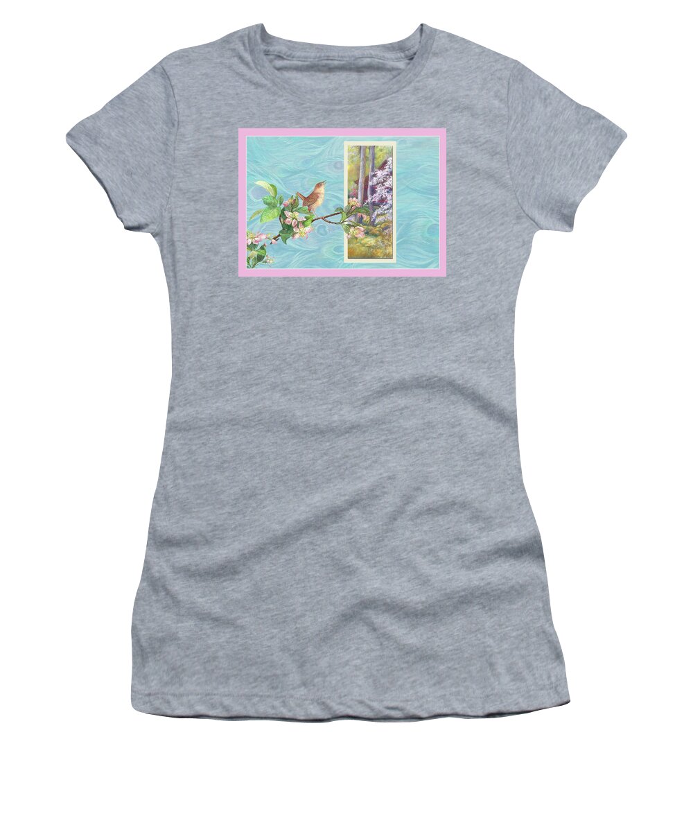 Illustrated Songbird Women's T-Shirt featuring the painting Peacock and Cherry Blossom with wren by Judith Cheng