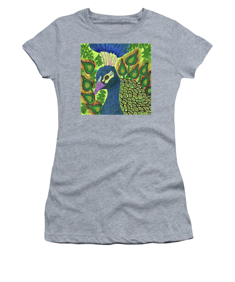 Peacock Women's T-Shirt featuring the painting Peacock Power by Stephanie Agliano
