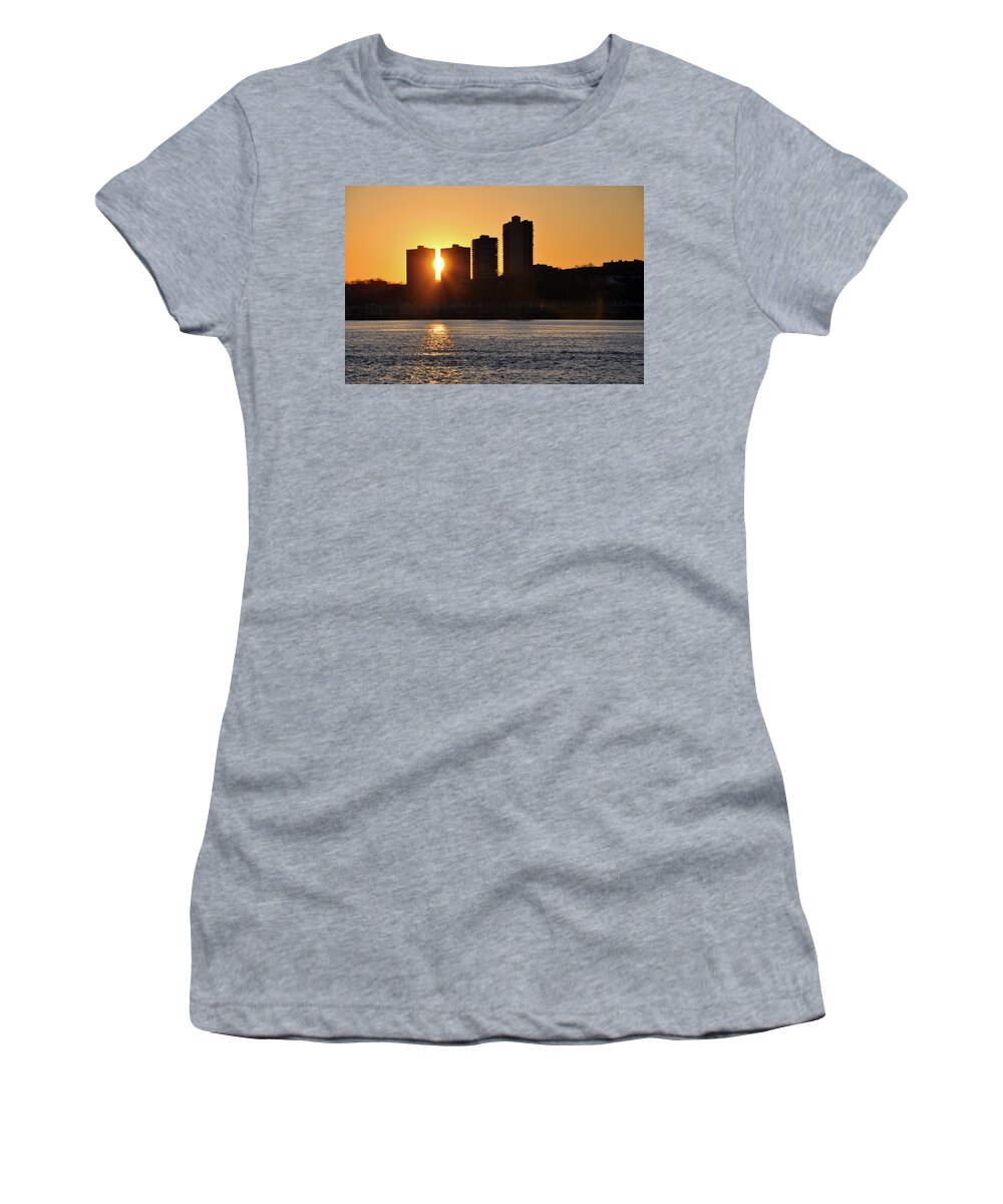 Hudson River Sunset Women's T-Shirt featuring the photograph Peekaboo Sunset by Sarah McKoy