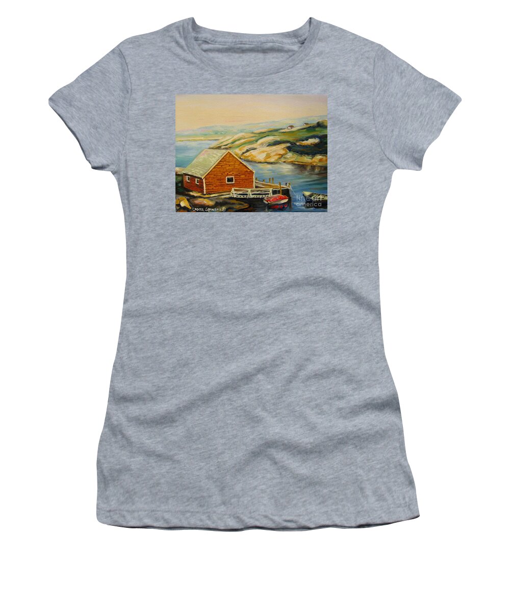 Peggy's Cove Harbor View Women's T-Shirt featuring the painting Peggys Cove Harbor View by Carole Spandau