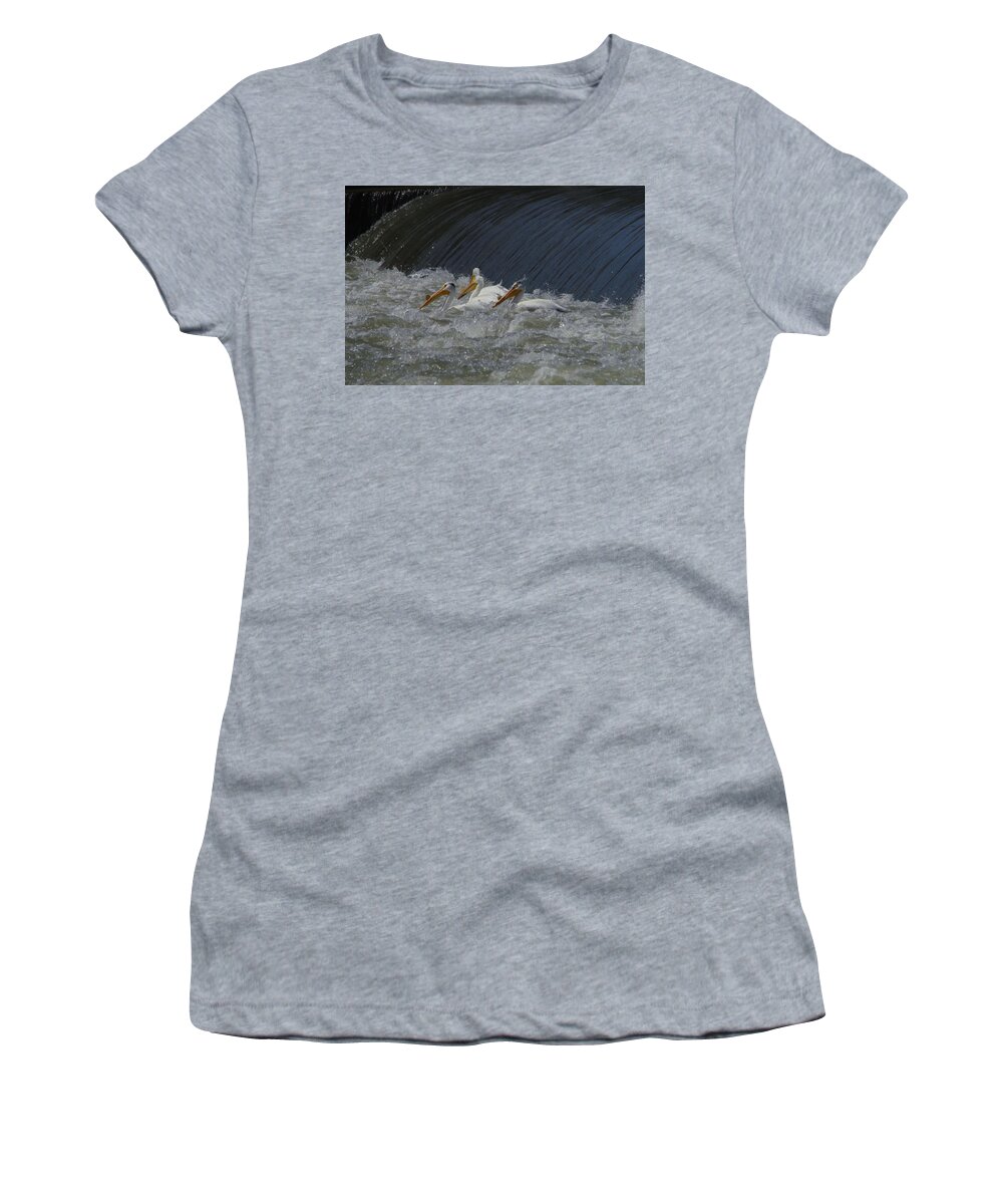 Birds Women's T-Shirt featuring the photograph Pelicans in rough water by Jeff Swan