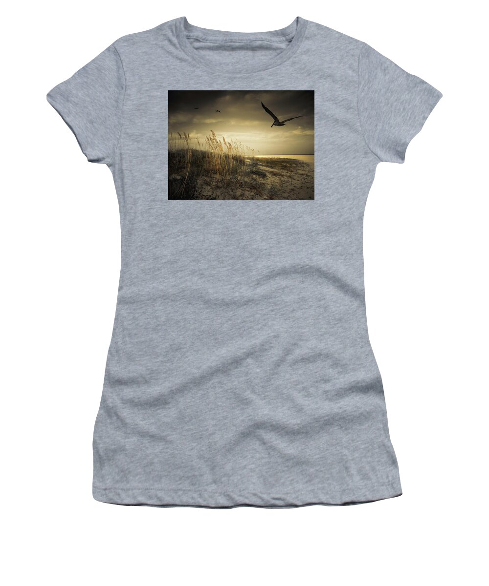 Pelicans Women's T-Shirt featuring the photograph Pelicans Over the Beach by Sandra Selle Rodriguez