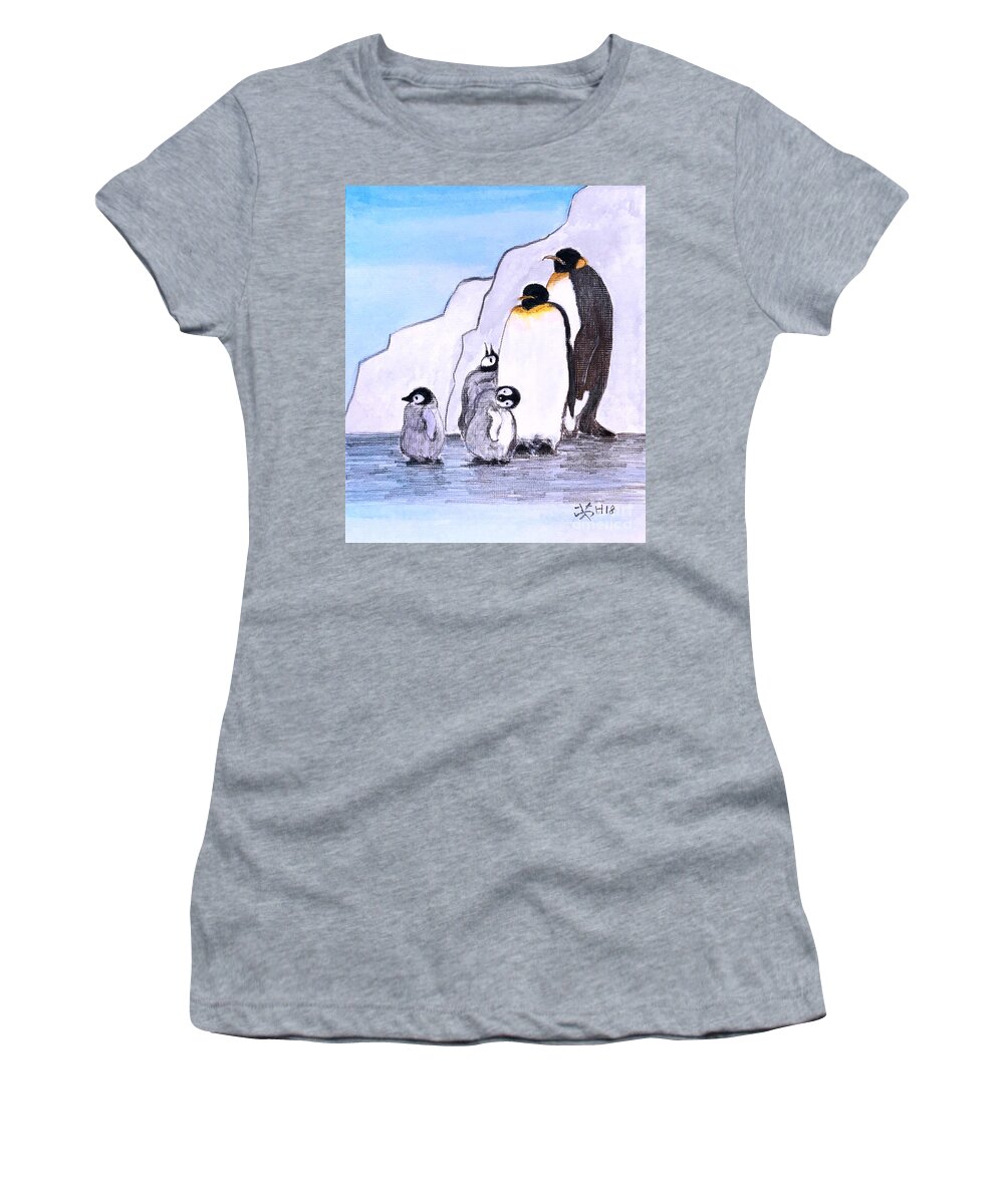 Penguins Women's T-Shirt featuring the painting Penguin family by Wonju Hulse