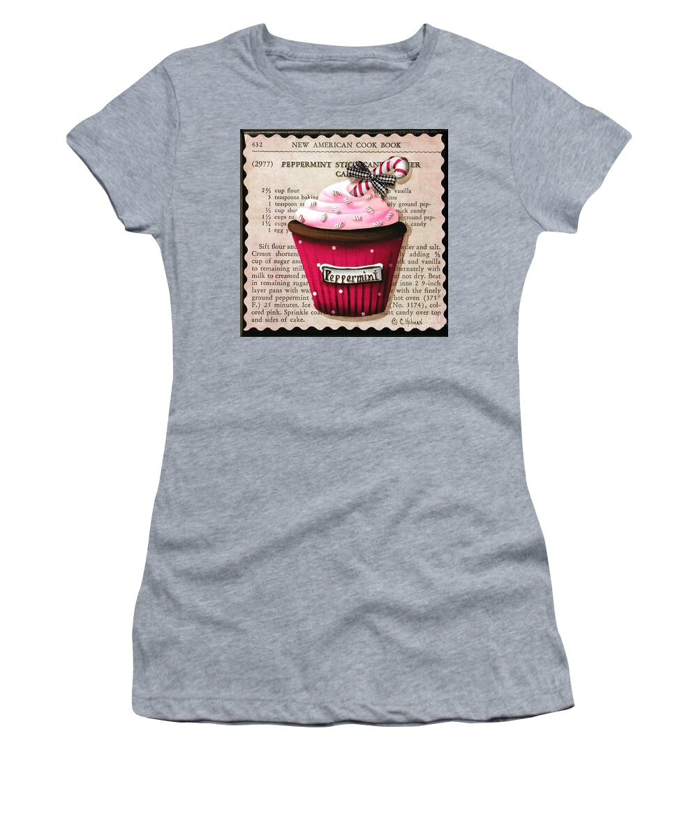 Art Women's T-Shirt featuring the painting Peppermint Stick Christmas Cupcake by Catherine Holman