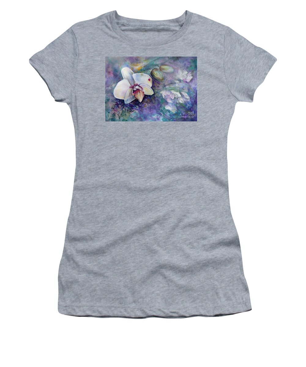 Phalaenopsis Orchid With Hyacinth Background Women's T-Shirt featuring the painting Phalaenopsis Orchid with Hyacinth Background by Ryn Shell