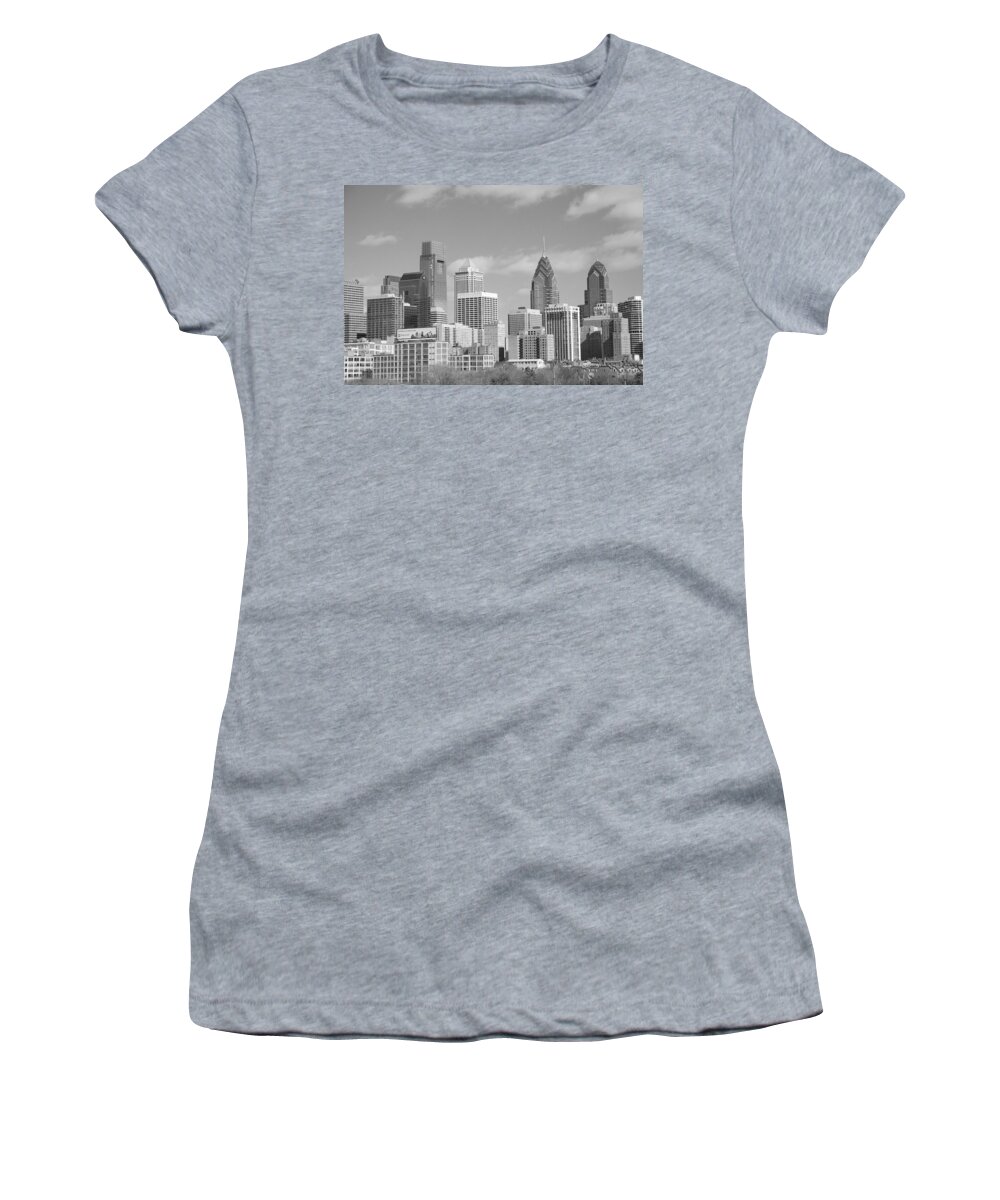 Philadelphia Women's T-Shirt featuring the photograph Philly skyscrapers black and white by Jennifer Ancker