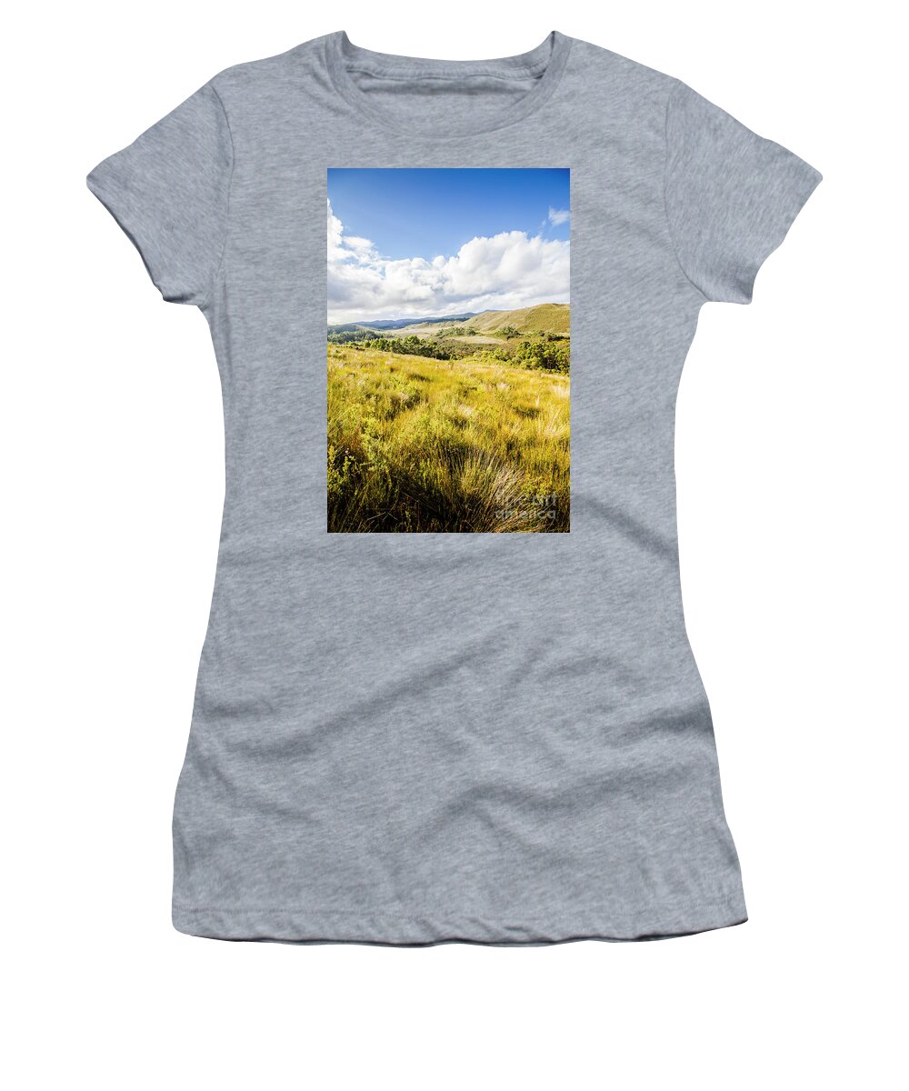 Zeehan Women's T-Shirt featuring the photograph Picturesque tasmanian field landscape by Jorgo Photography