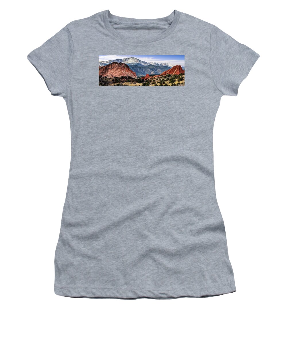 America Women's T-Shirt featuring the photograph Pikes Peak Mountain Panorama - Colorado Springs by Gregory Ballos