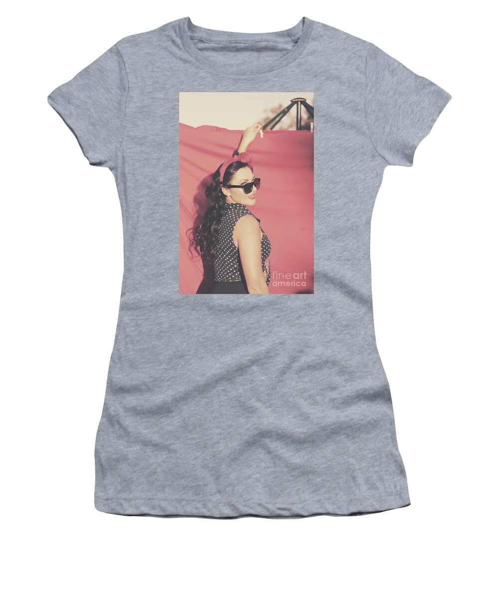Woman Women's T-Shirt featuring the photograph Pin up fifties laundry lady hanging out red linen by Jorgo Photography