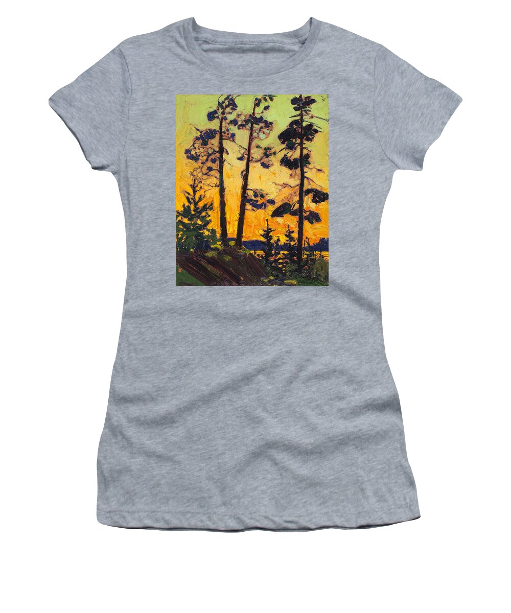 20th Century Art Women's T-Shirt featuring the painting Pine Trees at Sunset by Tom Thomson