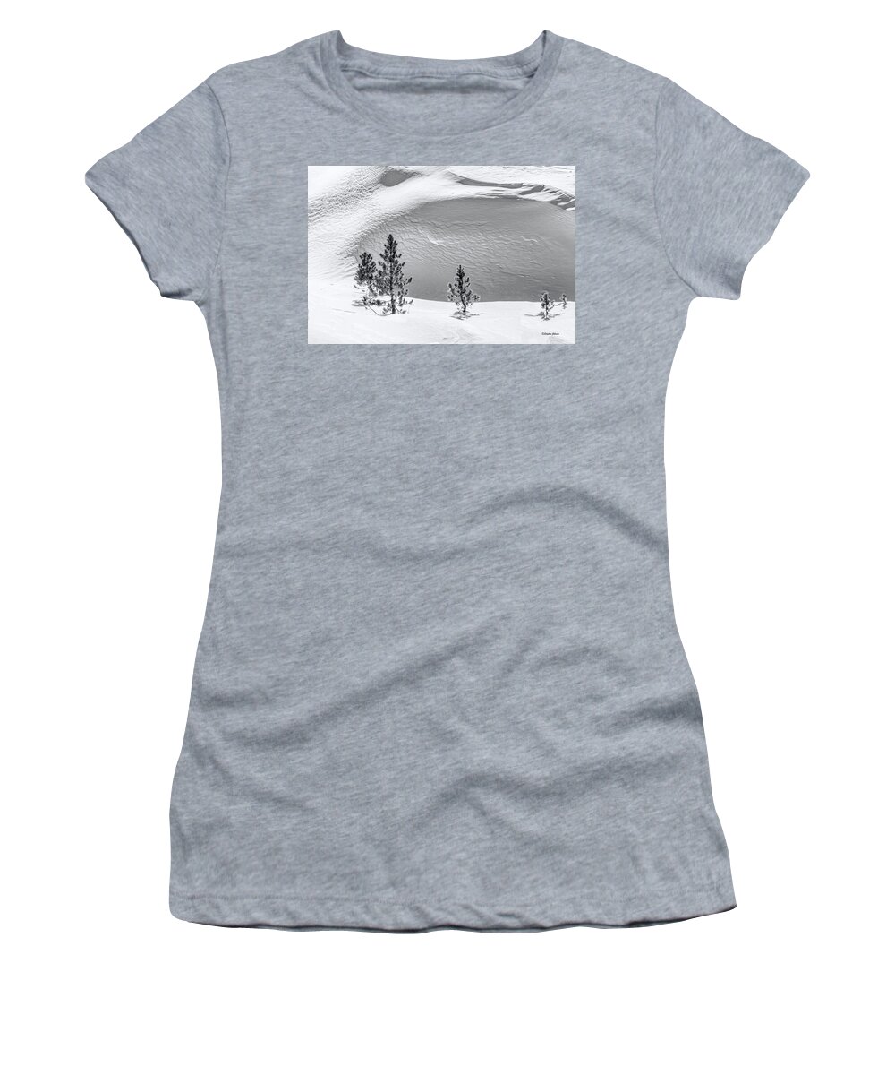 Snow Women's T-Shirt featuring the photograph Pines in Snow Drifts Black and White by Stephen Johnson