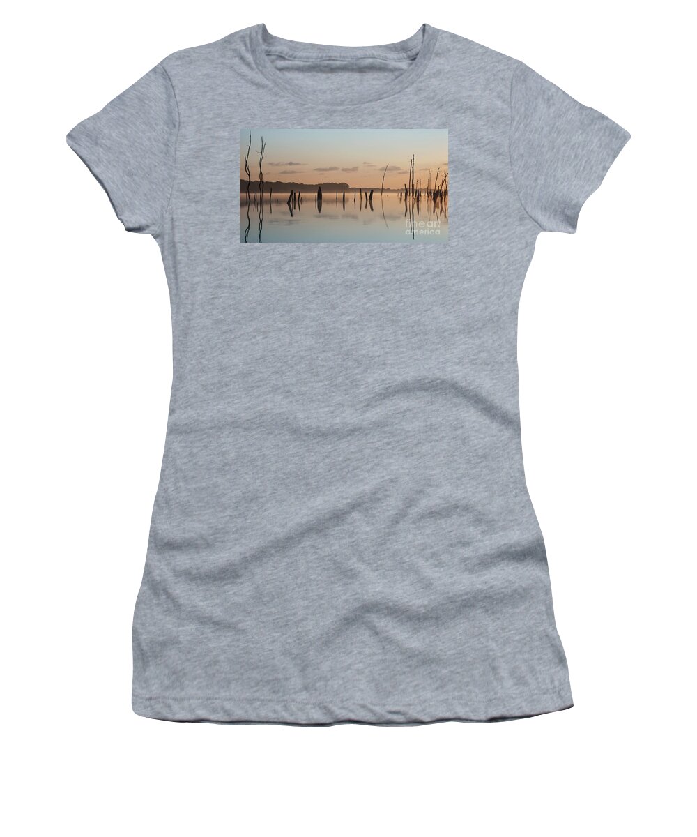 (calm Or Still) Women's T-Shirt featuring the photograph Pink and Blue Skies by Debra Fedchin